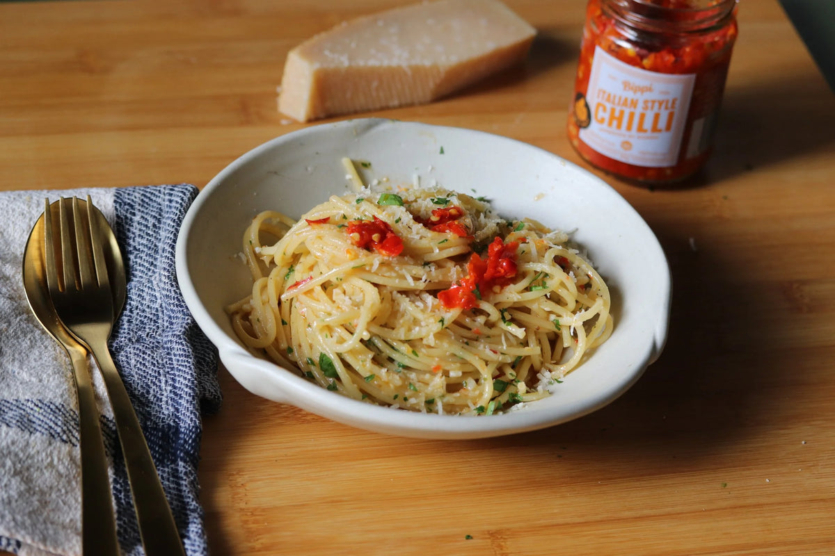 Spaghetti aglio, olio e peperoncino made with Bippi Italian style chilli