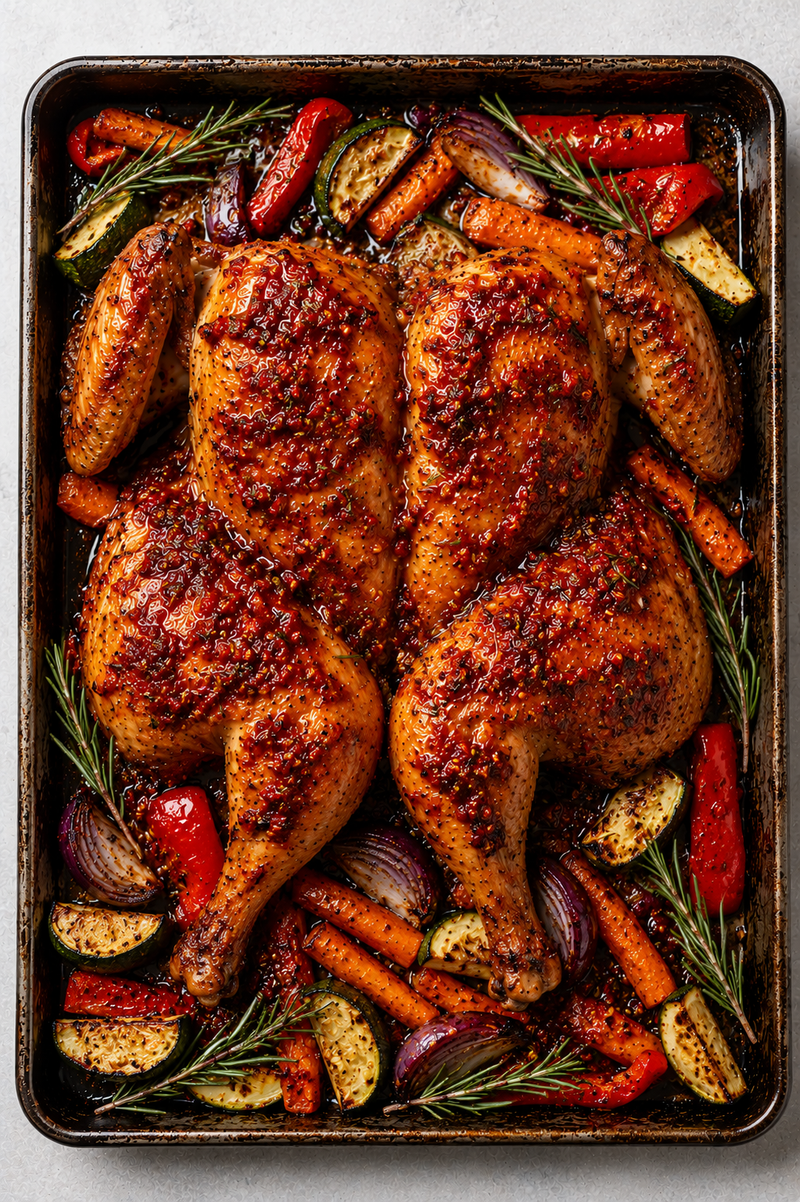 Butterflied devil's chicken with charred golden skin, chilli glaze and lemon