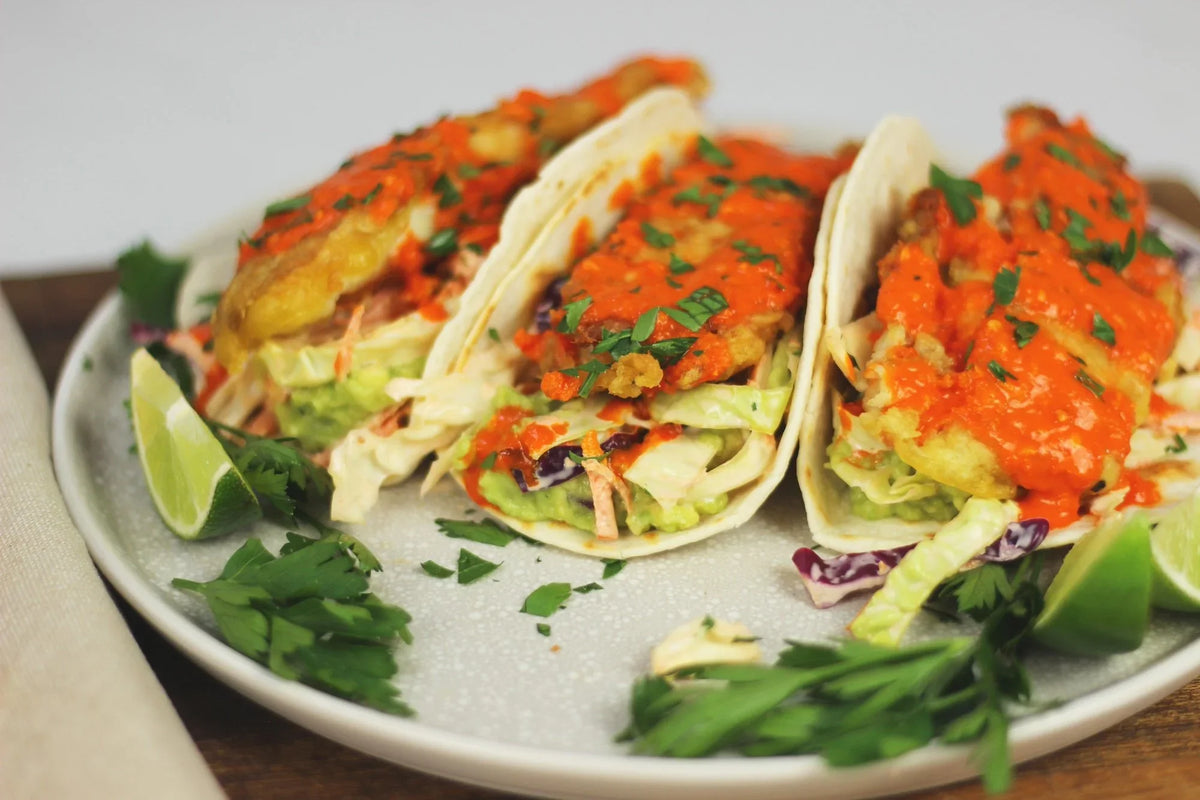 Sriracha fish tacos made with Bippi Italian Style Sriracha hot sauce