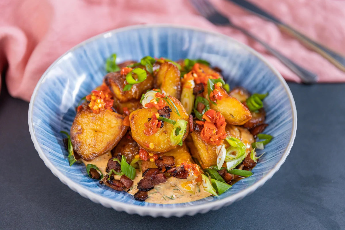 Crispy hot potato salad made with Bippi Italian style chilli