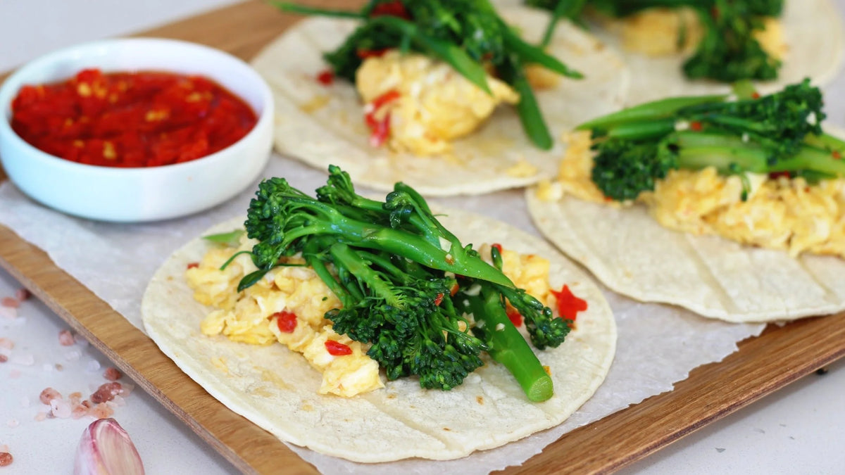 Spicy broccolini and egg tacos made with Bippi Italian style chilli