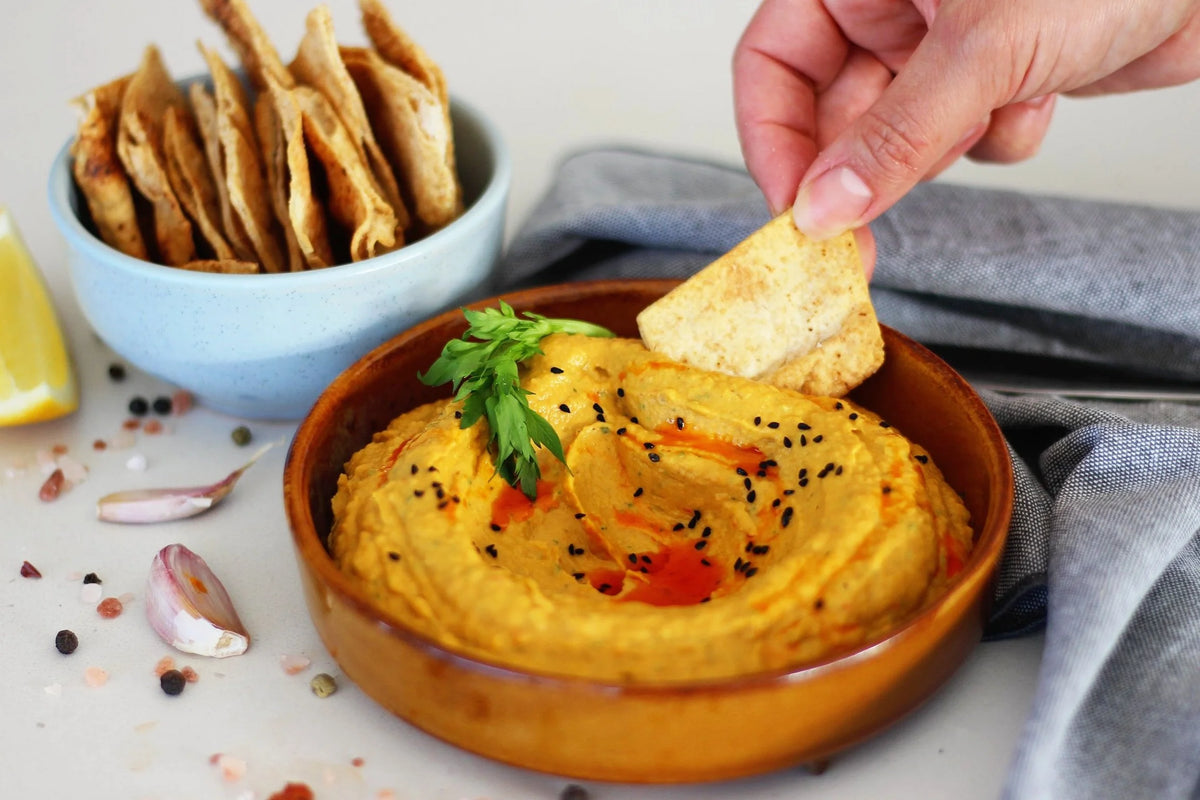 Roast pumpkin and hummus made with Bippi Italian style chilli