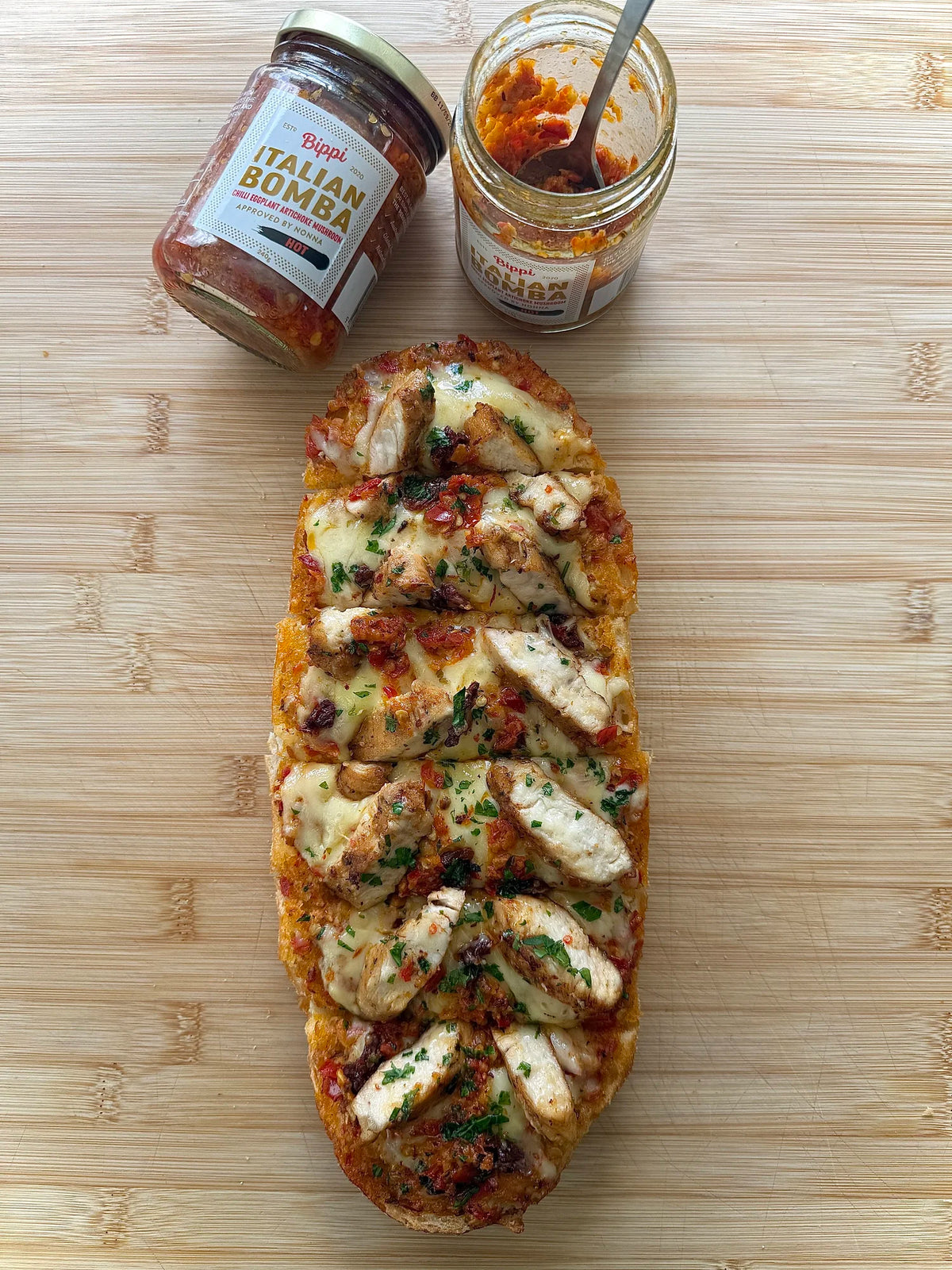 Bomba chicken melt made with Bippi Italian Bomba