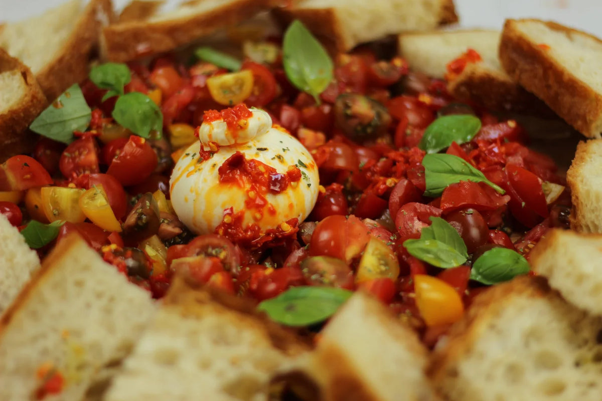 Chilli and tomato burrata board made with Bippi Italian style chilli