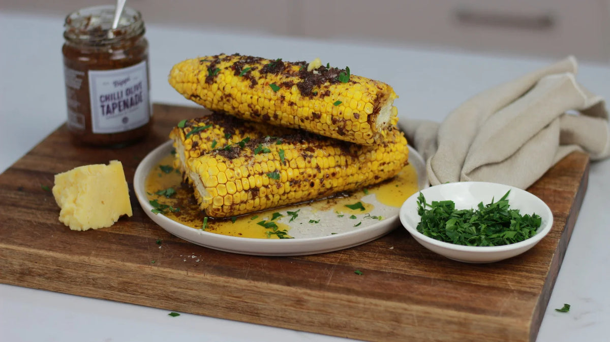 Chilli olive corn on the cob made with Bippi Chilli Olive Tapenade