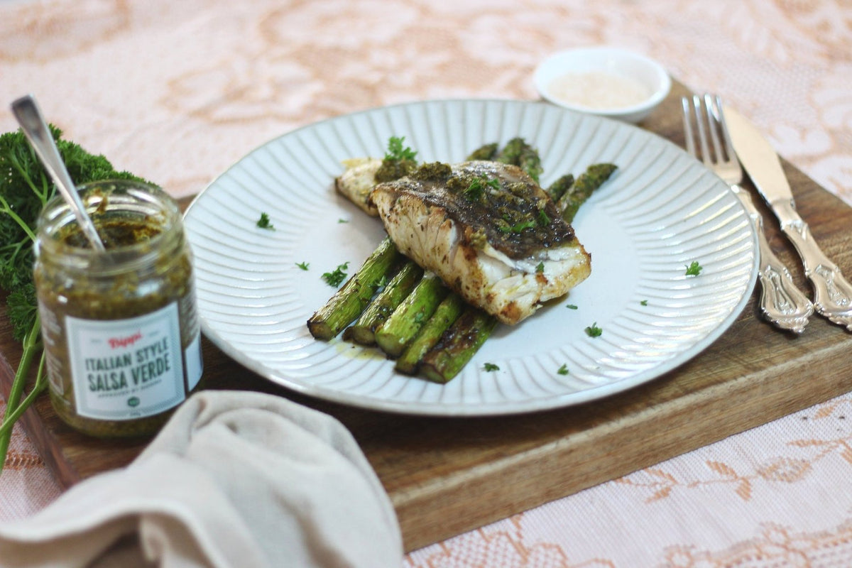 Salsa verde barramundi made with Bippi Italian Style Salsa Verde