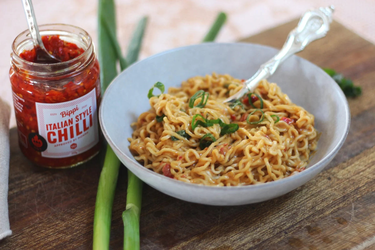 Spicy peanut butter noodles made with Bippi Italian style chilli