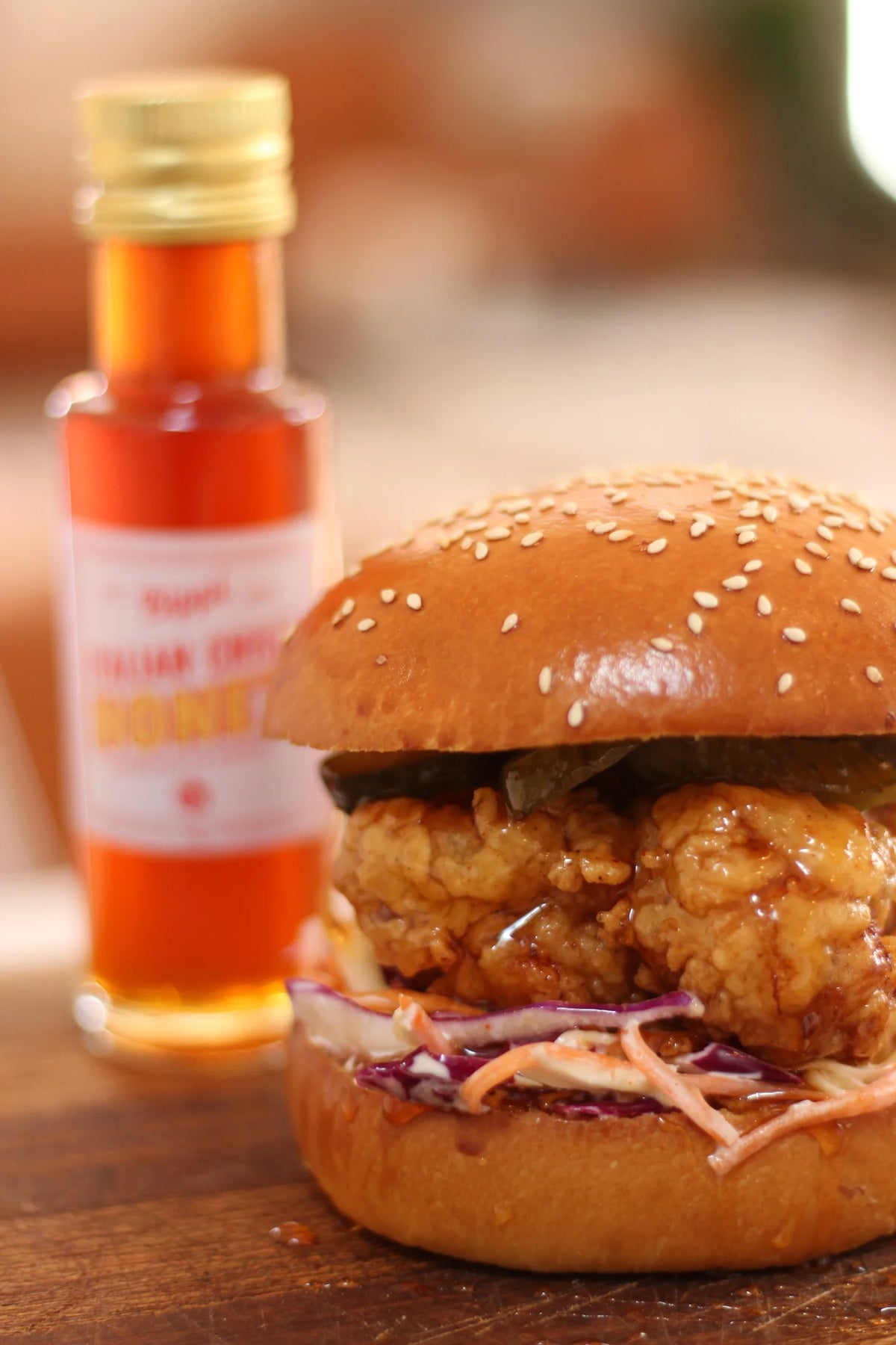 Chilli honey chicken burger made with Bippi Italian Chilli Honey