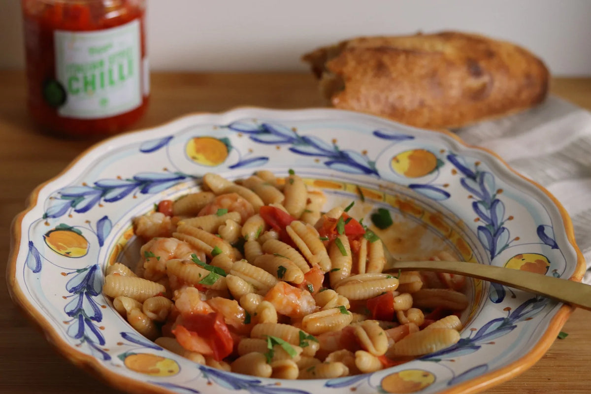 Chilli prawn pasta made with Bippi Italian style chilli