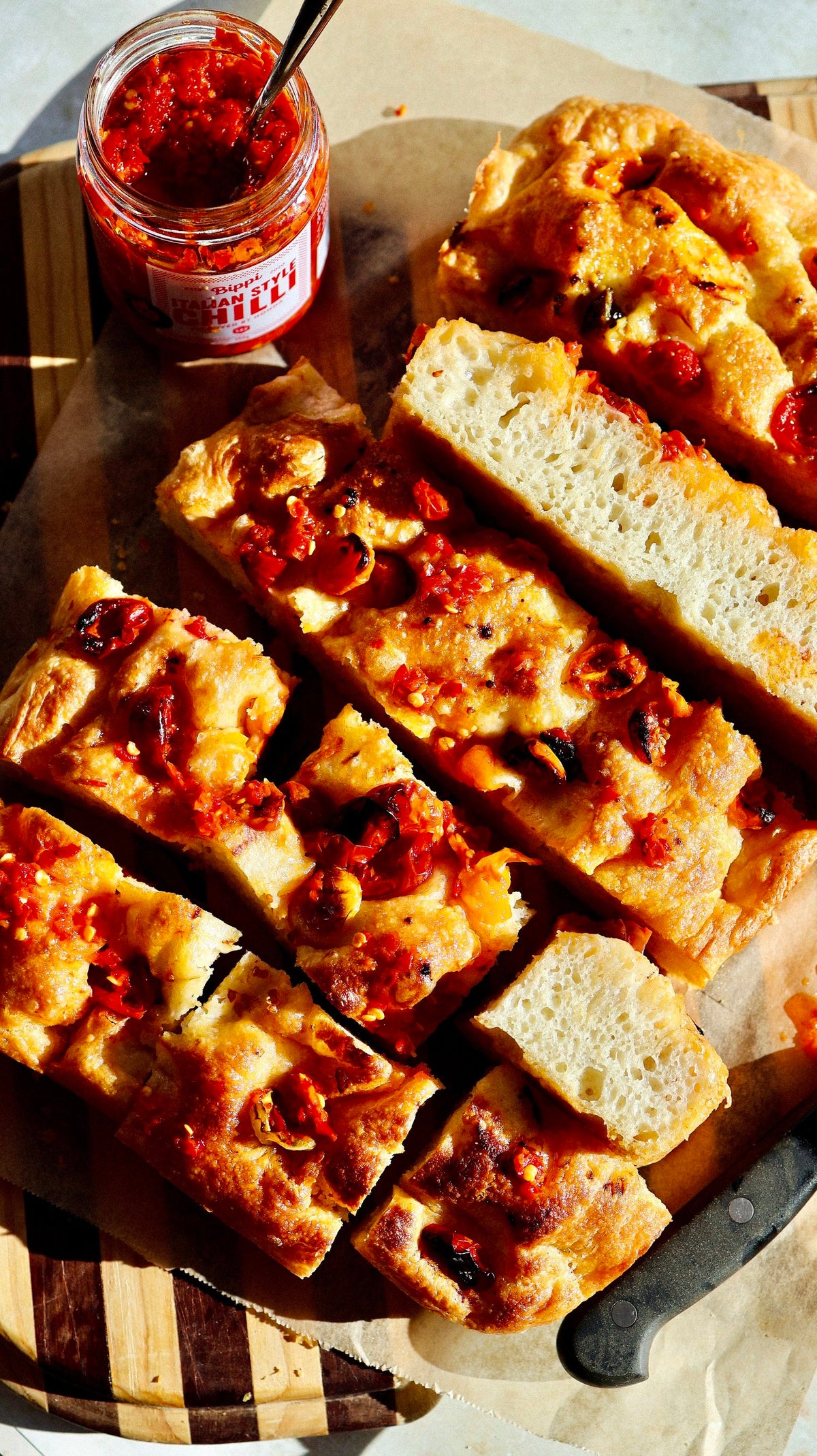 No-knead chilli oil focaccia made with Bippi Italian Style Chilli Oil