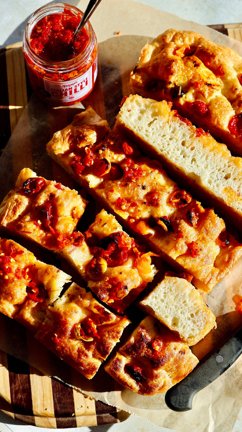 No-knead chilli oil focaccia made with Bippi Italian Style Chilli Oil
