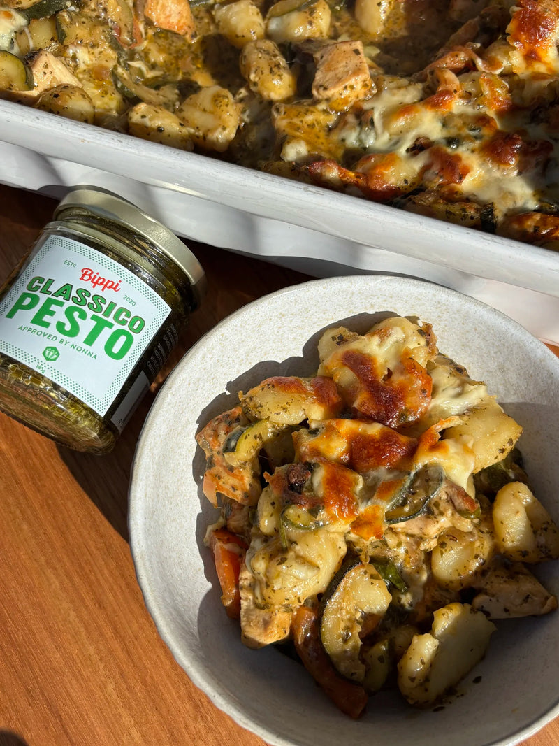 Pesto chicken gnocchi bake made with Bippi basil pesto