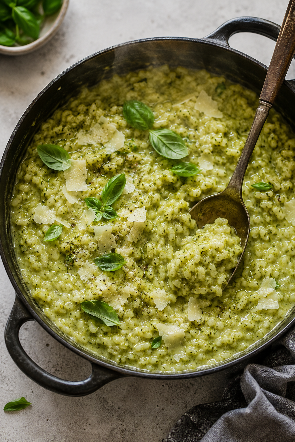 Creamy baked pesto risotto in a cast-iron pot topped with basil and shaved parmesan