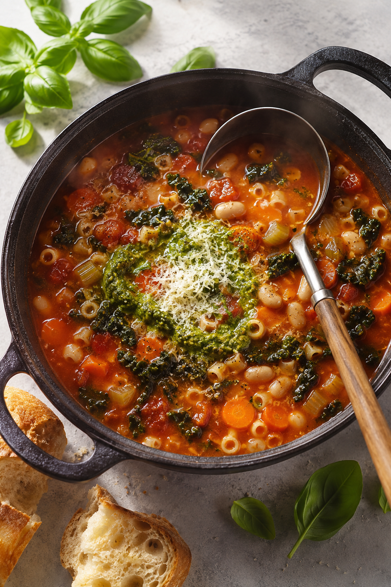 Pot of winter minestrone with beans, pasta and cavolo nero, finished with a swirl of basil pesto