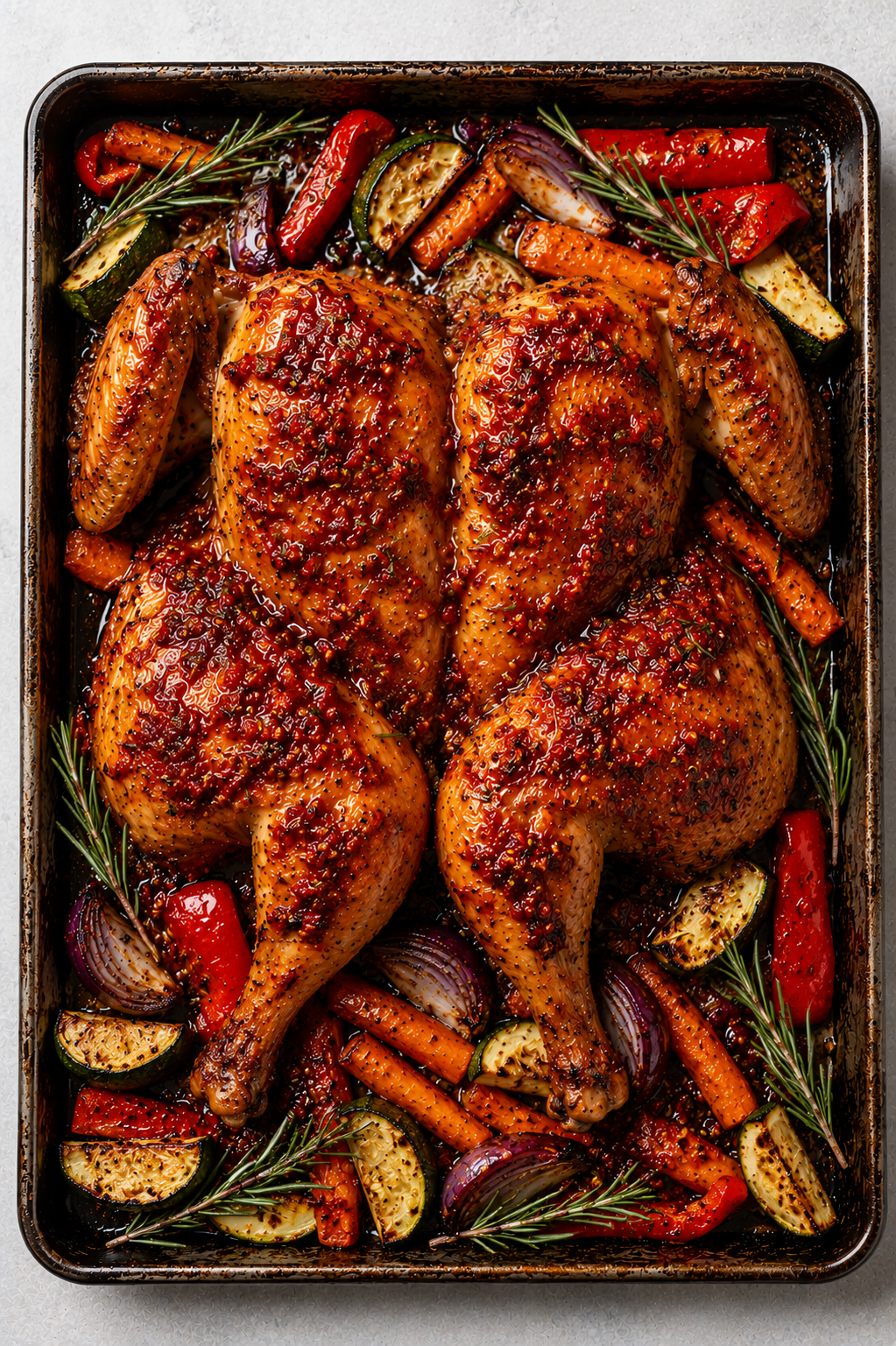 Butterflied devil's chicken with charred golden skin, chilli glaze and lemon