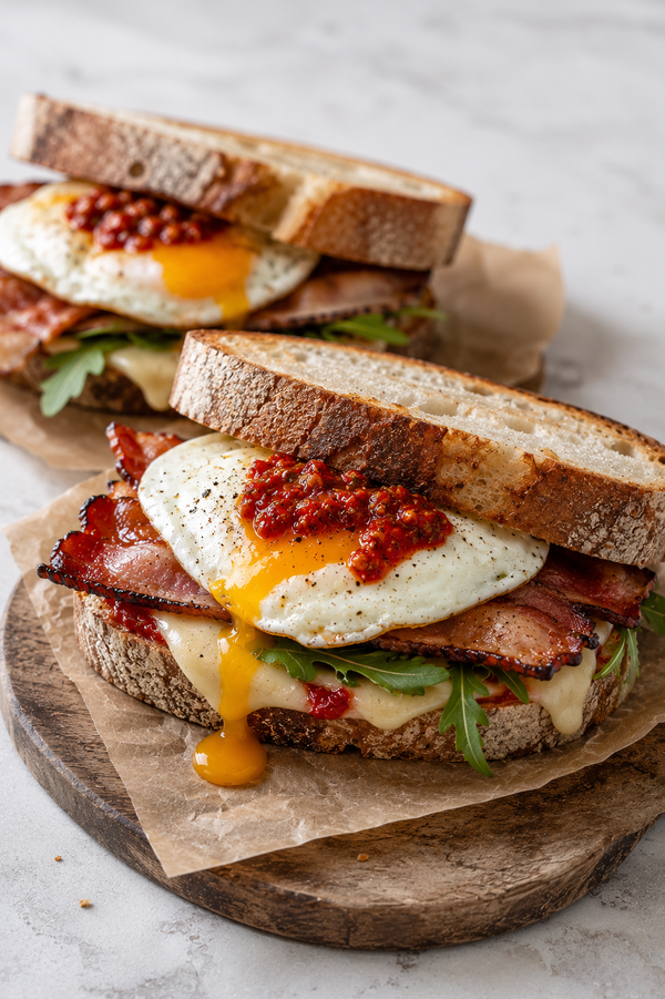 Bacon and egg panino on focaccia with runny yolk, melted provolone and chilli ketchup