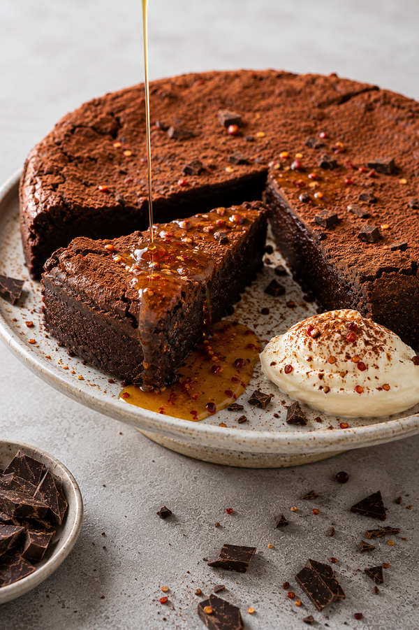 Torta caprese chocolate almond cake with a fudgy slice, cocoa dusting and chilli honey drizzle