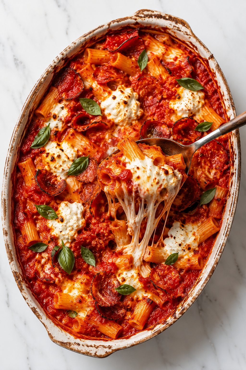 Spicy baked rigatoni with salami and golden mozzarella in a baking dish