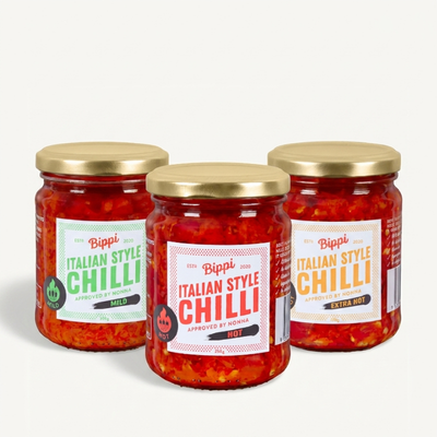 Bippi Italian Chilli Trio – three jars of Italian style chilli, Hot, Mild and Extra Hot